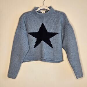 Super Quality! Dusty Roads Cropped Wool Star Sweater, Blue, Sz S/M